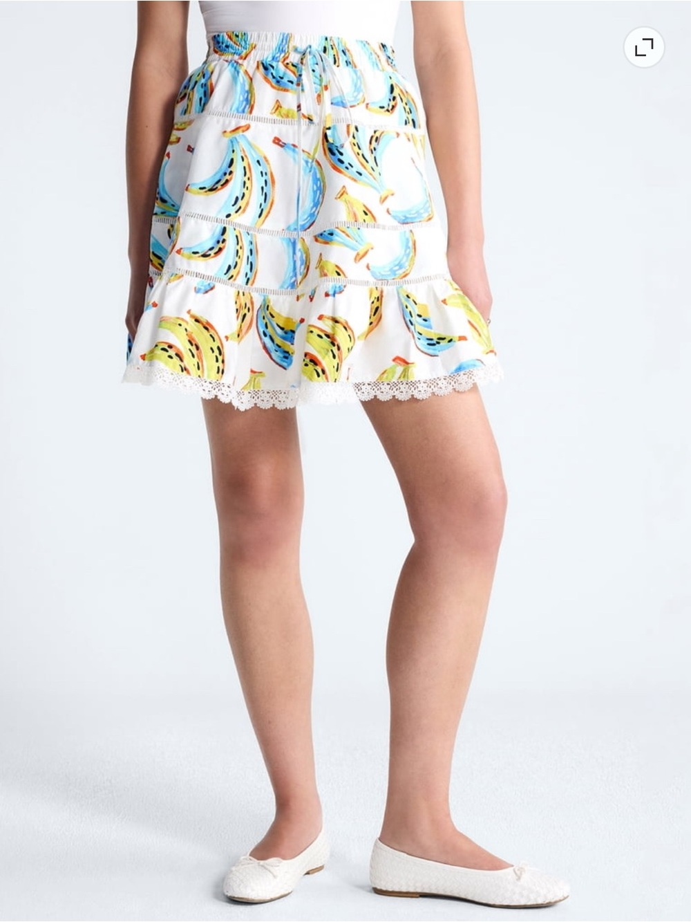 Free Assembly Colorful Banana Tiered Mini Skirt Lace Trim Coastal Beach Tropical